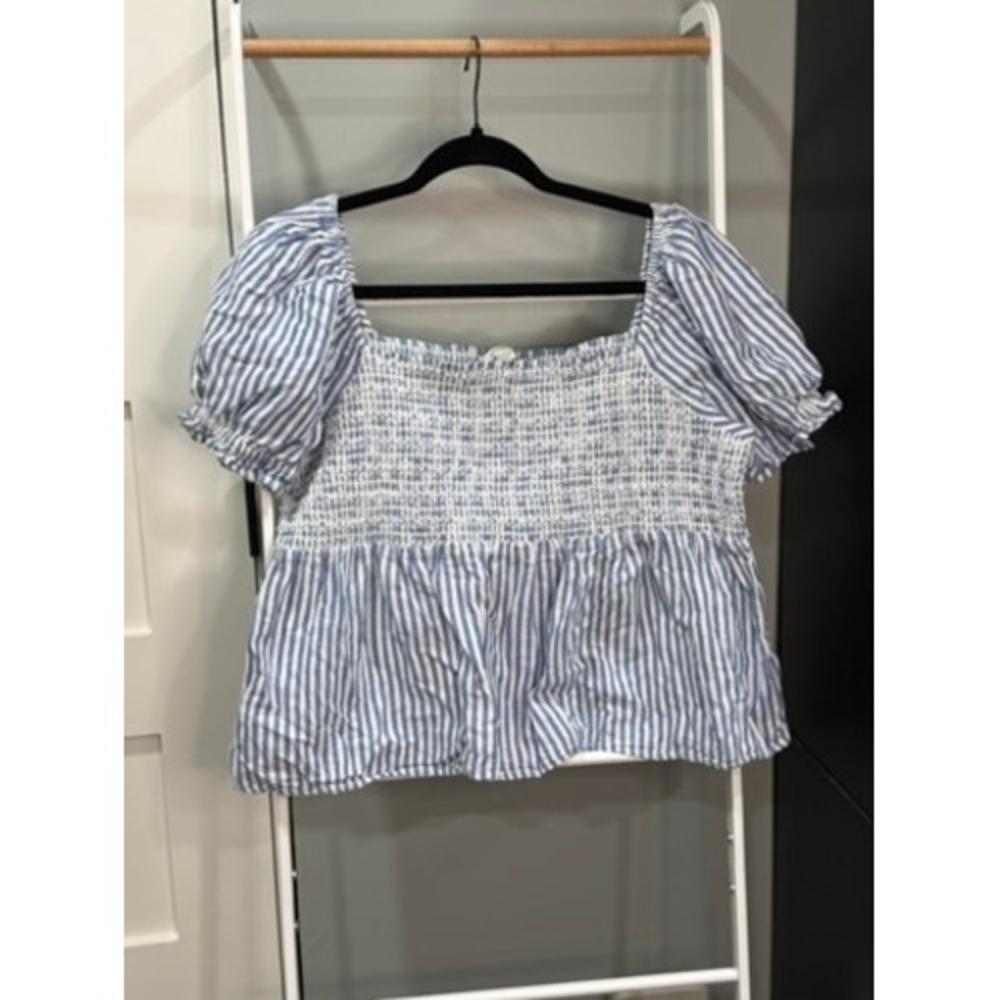 American Eagle Blue White Striped Smocked Puff Sleeve Peplum Top XL Boho Peasant